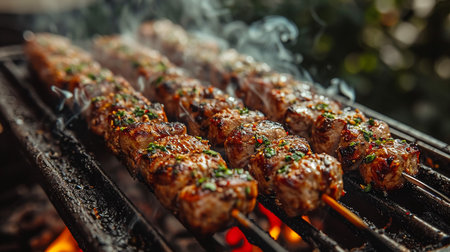 Assorted delicious grilled meat and bratwurst with vegetables over the coals on a barbecueの素材