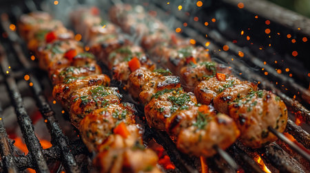 Assorted delicious grilled meat and bratwurst with vegetables over the coals on a barbecue