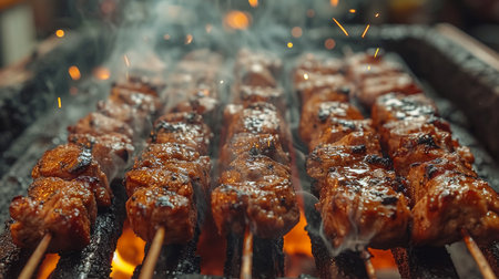 Assorted delicious grilled meat and bratwurst with vegetables over the coals on a barbecueの素材