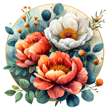 Wreath with Watercolor Colorful Flowers and Light Green Leavesの素材