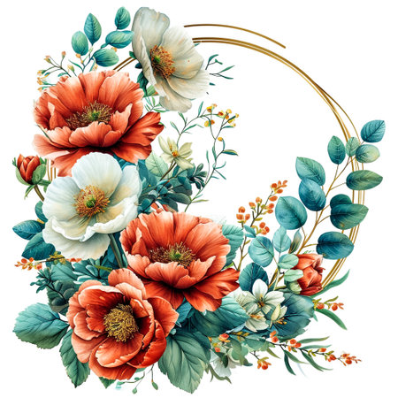 Wreath with Watercolor Colorful Flowers and Light Green Leavesの素材