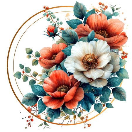 Wreath with Watercolor Colorful Flowers and Light Green Leavesの素材