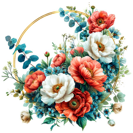 Wreath with Watercolor Colorful Flowers and Light Green Leavesの素材