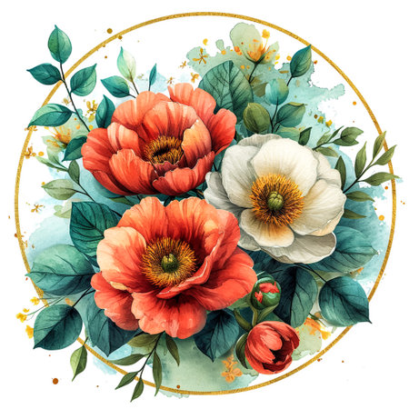 Wreath with Watercolor Colorful Flowers and Light Green Leavesの素材