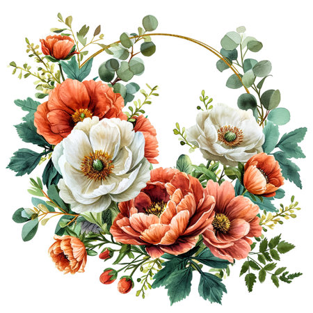 Wreath with Watercolor Colorful Flowers and Light Green Leavesの素材