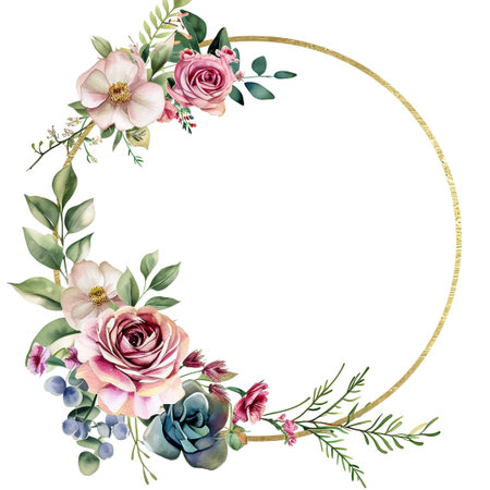 Floral template for invitation. Pink roses, eucalyptus, plants and flowers. All elements are isolated.の素材