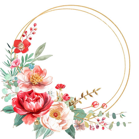 Wreath with Watercolor Colorful Flowers and Light Green Leavesの素材