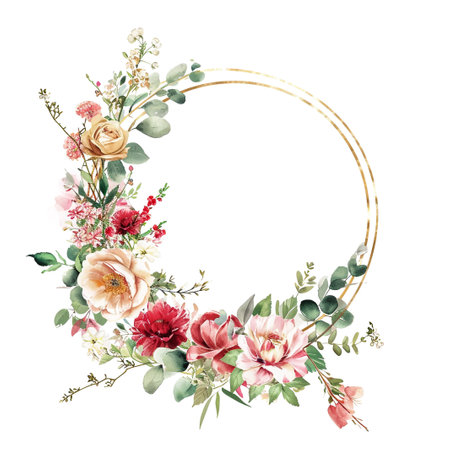 Floral template for invitation. Pink roses, eucalyptus, plants and flowers. All elements are isolated.の素材