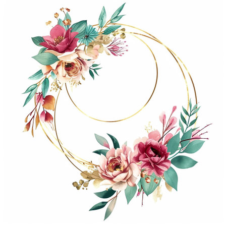 Floral template for invitation. Pink roses, eucalyptus, plants and flowers. All elements are isolated.の素材