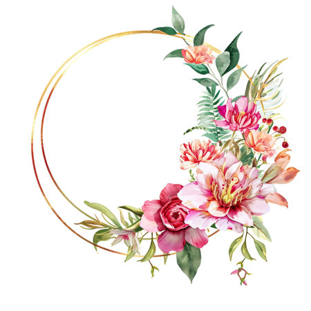 Floral template for invitation. Pink roses, eucalyptus, plants and flowers. All elements are isolated.の素材
