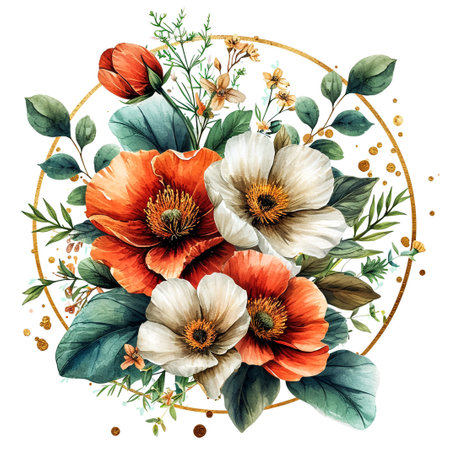 Wreath with Watercolor Colorful Flowers and Light Green Leavesの素材