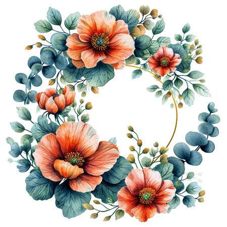 Wreath with Watercolor Colorful Flowers and Light Green Leavesの素材