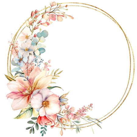 Wreath with Watercolor Colorful Flowers and Light Green Leavesの素材
