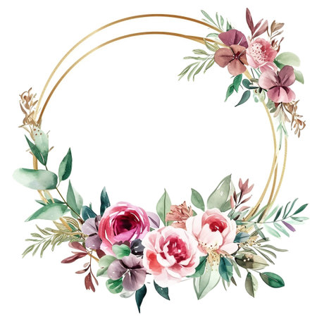 Wreath with Watercolor Colorful Flowers and Light Green Leavesの素材