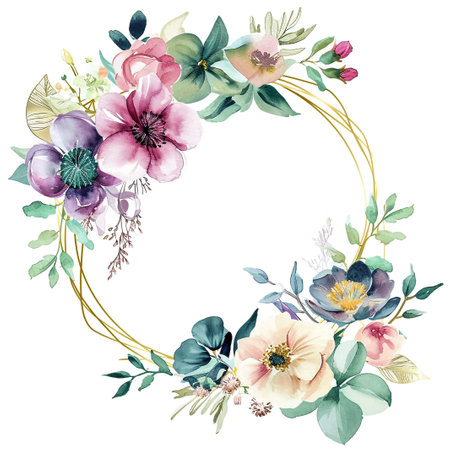 Wreath with Watercolor Colorful Flowers and Light Green Leavesの素材