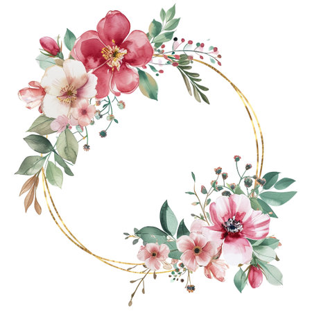 Wreath with Watercolor Colorful Flowers and Light Green Leavesの素材