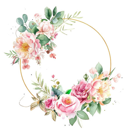 Floral template for invitation. Pink roses, eucalyptus, plants and flowers. All elements are isolated.の素材