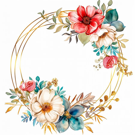 Wreath with Watercolor Colorful Flowers and Light Green Leavesの素材