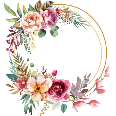 Wreath with Watercolor Colorful Flowers and Light Green Leavesの素材
