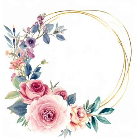 Wreath with Watercolor Colorful Flowers and Light Green Leavesの素材