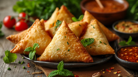 Fried samosas with vegetable filling, popular Indian snacks on wooden boardの素材