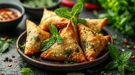 Fried samosas with vegetable filling, popular Indian snacks on wooden boardの素材