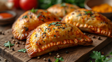 Fried samosas with vegetable filling, popular Indian snacks on wooden boardの素材