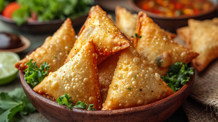 Fried samosas with vegetable filling, popular Indian snacks on wooden boardの素材
