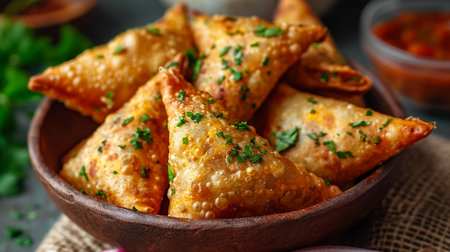 Fried samosas with vegetable filling, popular Indian snacks on wooden boardの素材