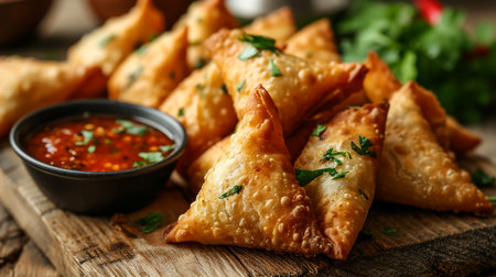 Fried samosas with vegetable filling, popular Indian snacks on wooden boardの素材