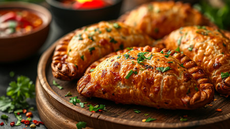 Fried samosas with vegetable filling, popular Indian snacks on wooden boardの素材