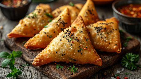 Fried samosas with vegetable filling, popular Indian snacks on wooden boardの素材