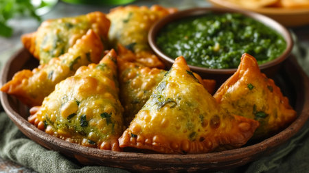 Fried samosas with vegetable filling, popular Indian snacks on wooden boardの素材