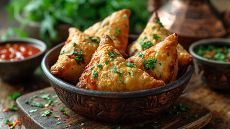 Fried samosas with vegetable filling, popular Indian snacks on wooden boardの素材