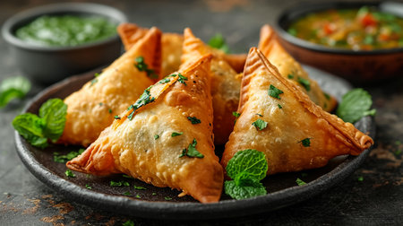 Fried samosas with vegetable filling, popular Indian snacks on wooden boardの素材
