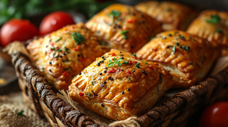 Fried samosas with vegetable filling, popular Indian snacks on wooden boardの素材