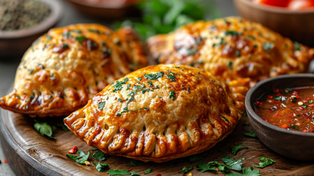 Fried samosas with vegetable filling, popular Indian snacks on wooden boardの素材