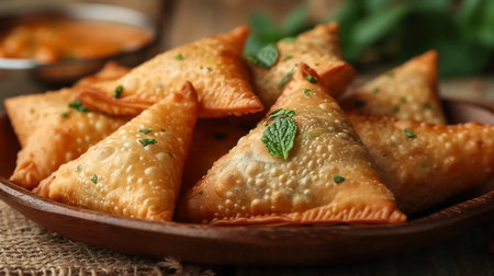 Fried samosas with vegetable filling, popular Indian snacks on wooden boardの素材