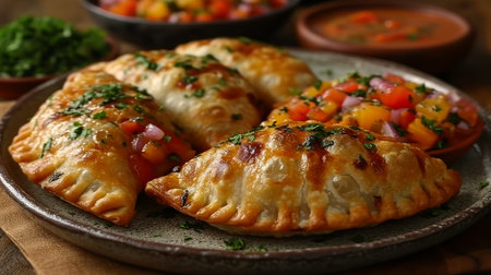 Fried samosas with vegetable filling, popular Indian snacks on wooden boardの素材