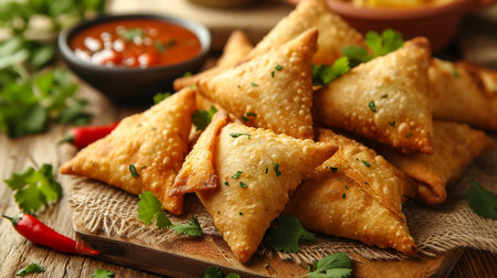 Fried samosas with vegetable filling, popular Indian snacks on wooden boardの素材