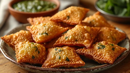Fried samosas with vegetable filling, popular Indian snacks on wooden boardの素材