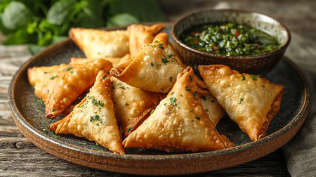 Fried samosas with vegetable filling, popular Indian snacks on wooden boardの素材