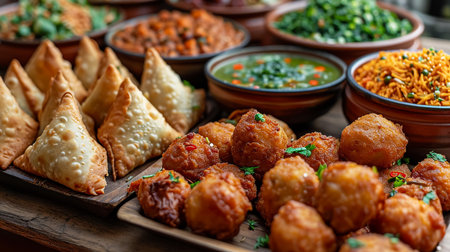 Fried samosas with vegetable filling, popular Indian snacks on wooden boardの素材