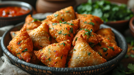 Fried samosas with vegetable filling, popular Indian snacks on wooden boardの素材
