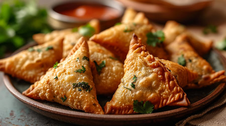 Fried samosas with vegetable filling, popular Indian snacks on wooden boardの素材