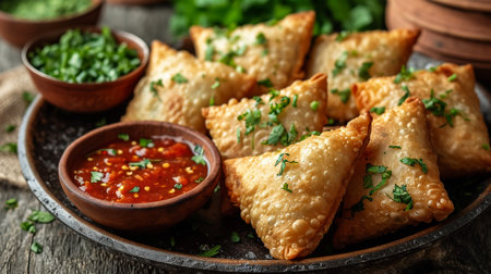 Fried samosas with vegetable filling, popular Indian snacks on wooden boardの素材