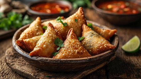 Fried samosas with vegetable filling, popular Indian snacks on wooden boardの素材