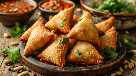 Fried samosas with vegetable filling, popular Indian snacks on wooden boardの素材
