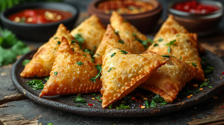 Fried samosas with vegetable filling, popular Indian snacks on wooden boardの素材