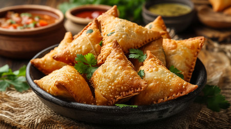 Fried samosas with vegetable filling, popular Indian snacks on wooden boardの素材